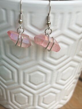 Pink Rose Quartz Wire-Wrap Drop Earrings for Women